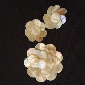 Vintage Mother of Pearl Brooch & Clip On Earring Set Stamped Japan
